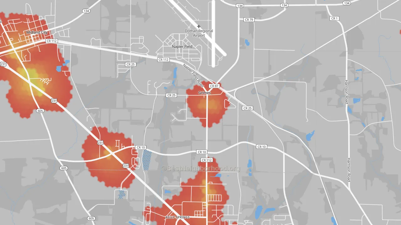 Walk Grade map of Grimes, AL, walkable areas in green and car-dependent areas in red
