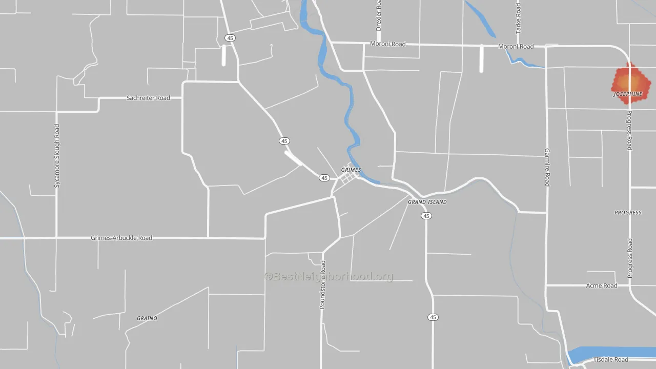 Walk Grade map of Grimes, CA, walkable areas in green and car-dependent areas in red