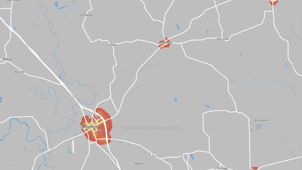 Walk Grade map of Grimes County, TX, walkable areas in green and car-dependent areas in red