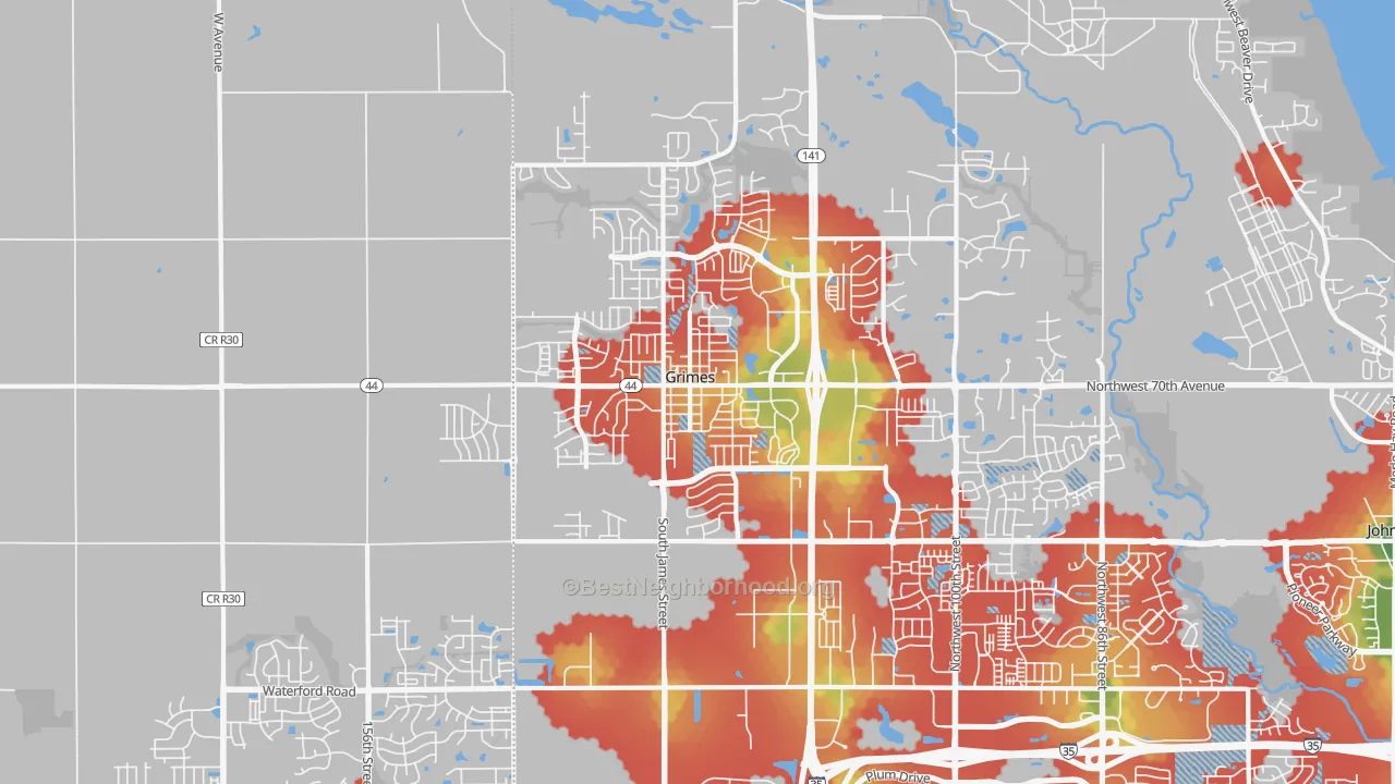 Walk Grade map of Grimes, IA, walkable areas in green and car-dependent areas in red