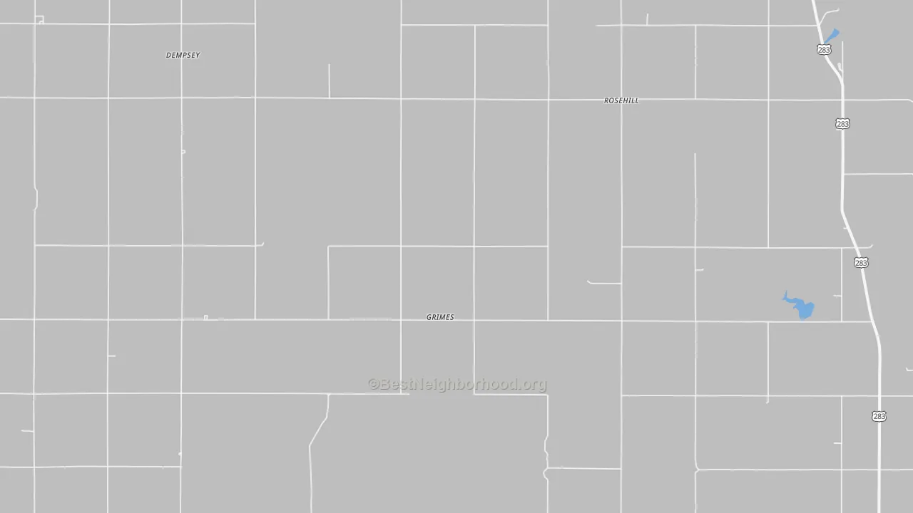Walk Grade map of Grimes, OK, walkable areas in green and car-dependent areas in red