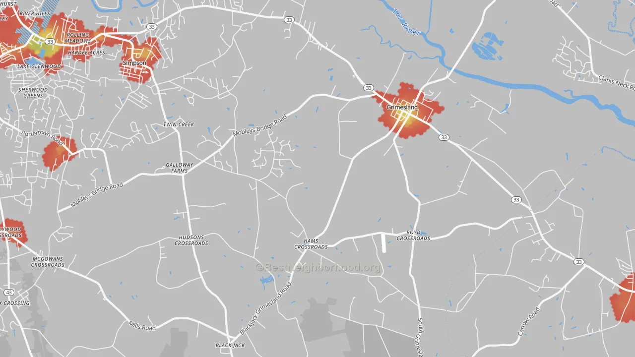 Walk Grade map of Grimesland, NC, walkable areas in green and car-dependent areas in red