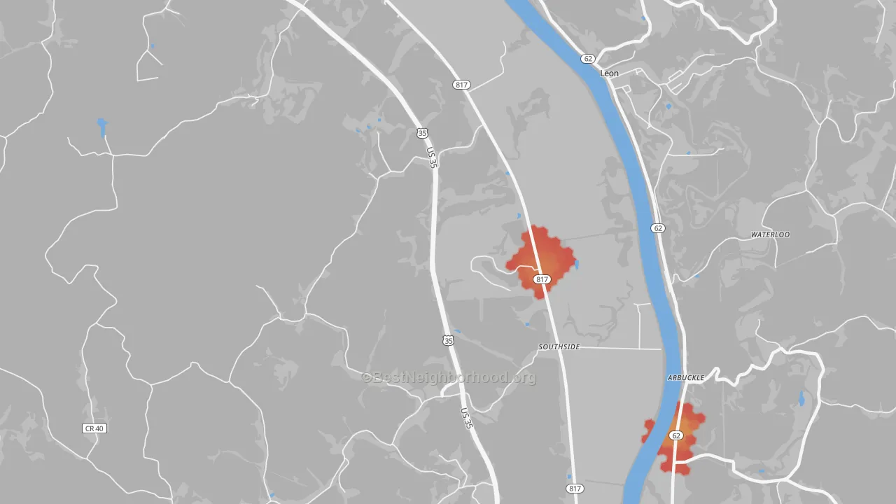 Walk Grade map of Grimms Landing, WV, walkable areas in green and car-dependent areas in red