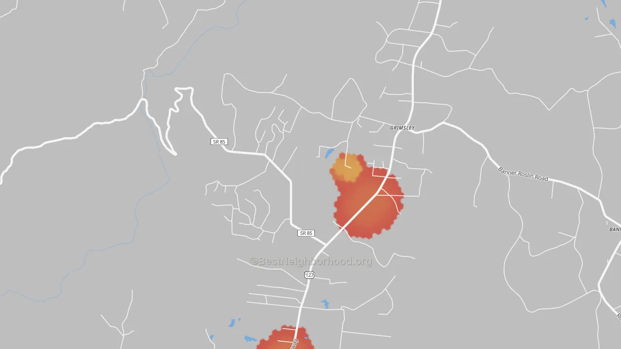 Walk Grade map of Grimsley, TN, walkable areas in green and car-dependent areas in red