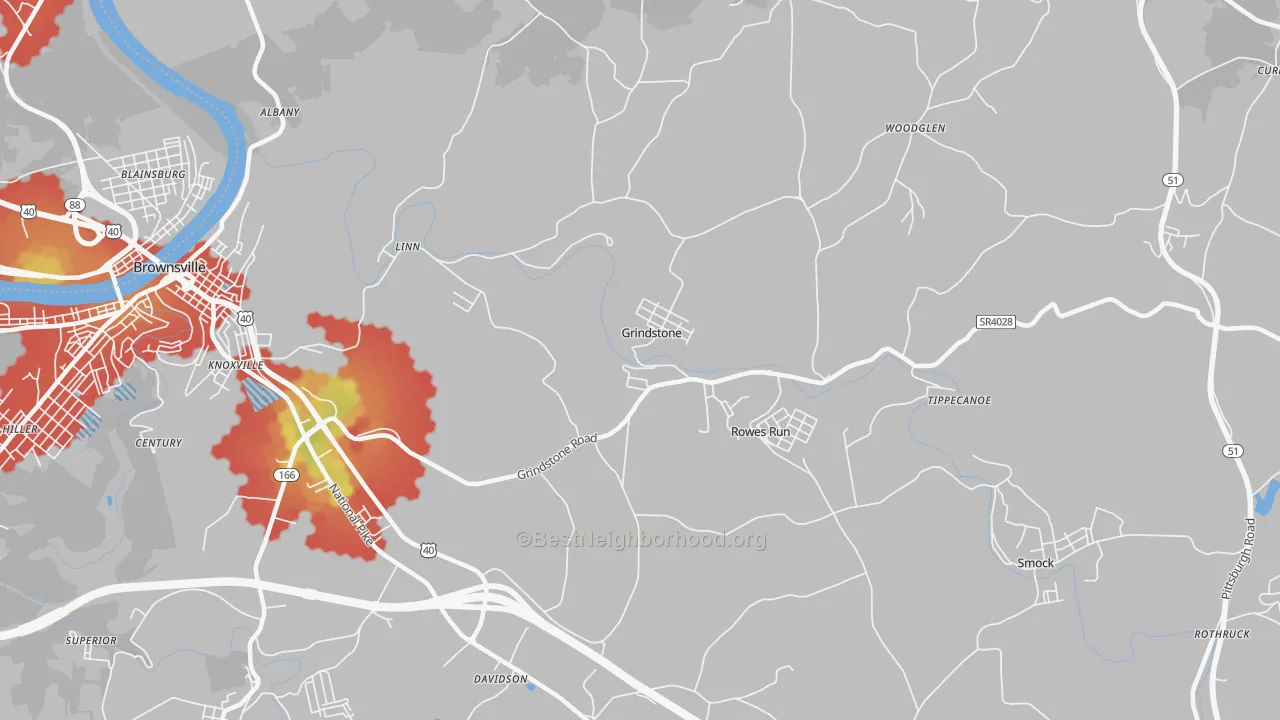 Walk Grade map of Grindstone, PA, walkable areas in green and car-dependent areas in red