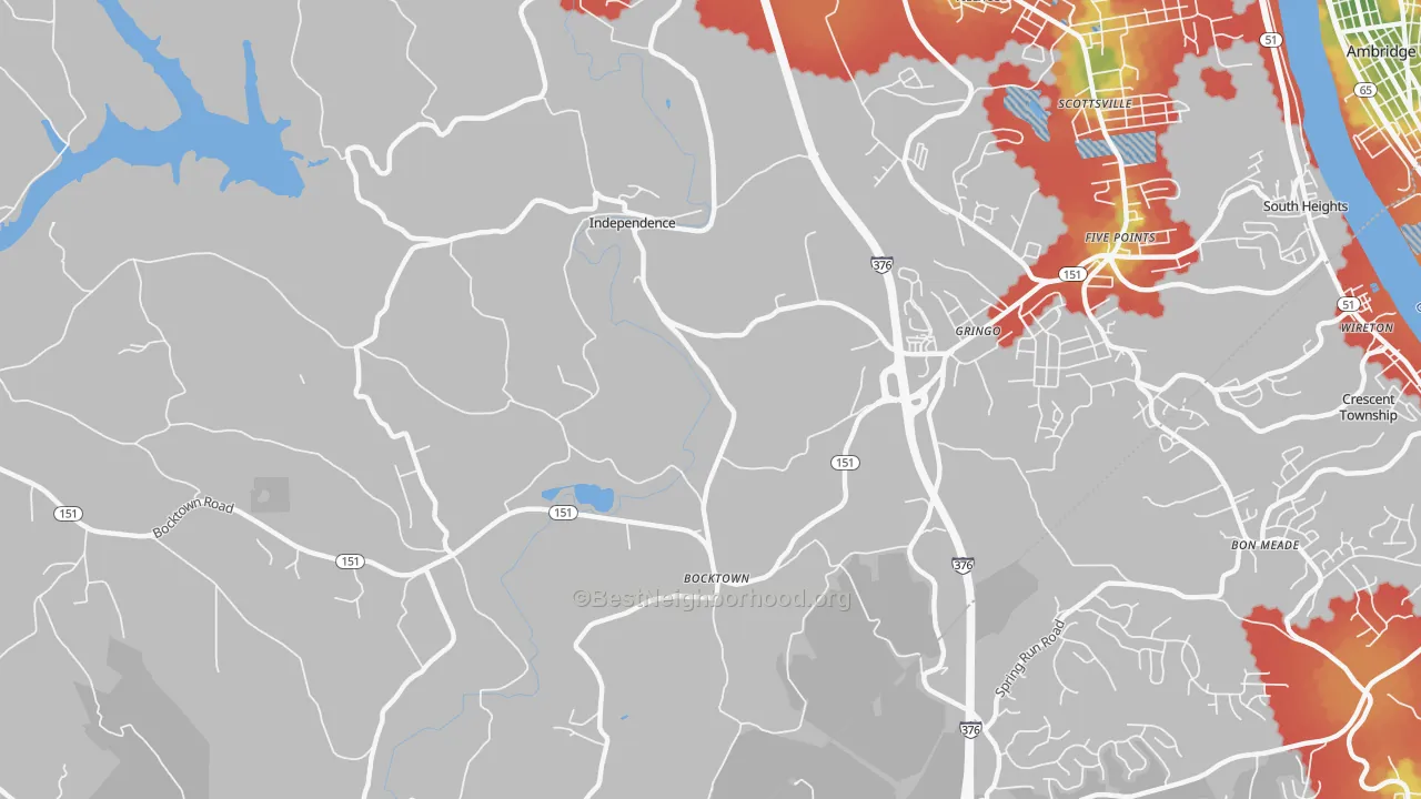 Walk Grade map of Gringo, PA, walkable areas in green and car-dependent areas in red