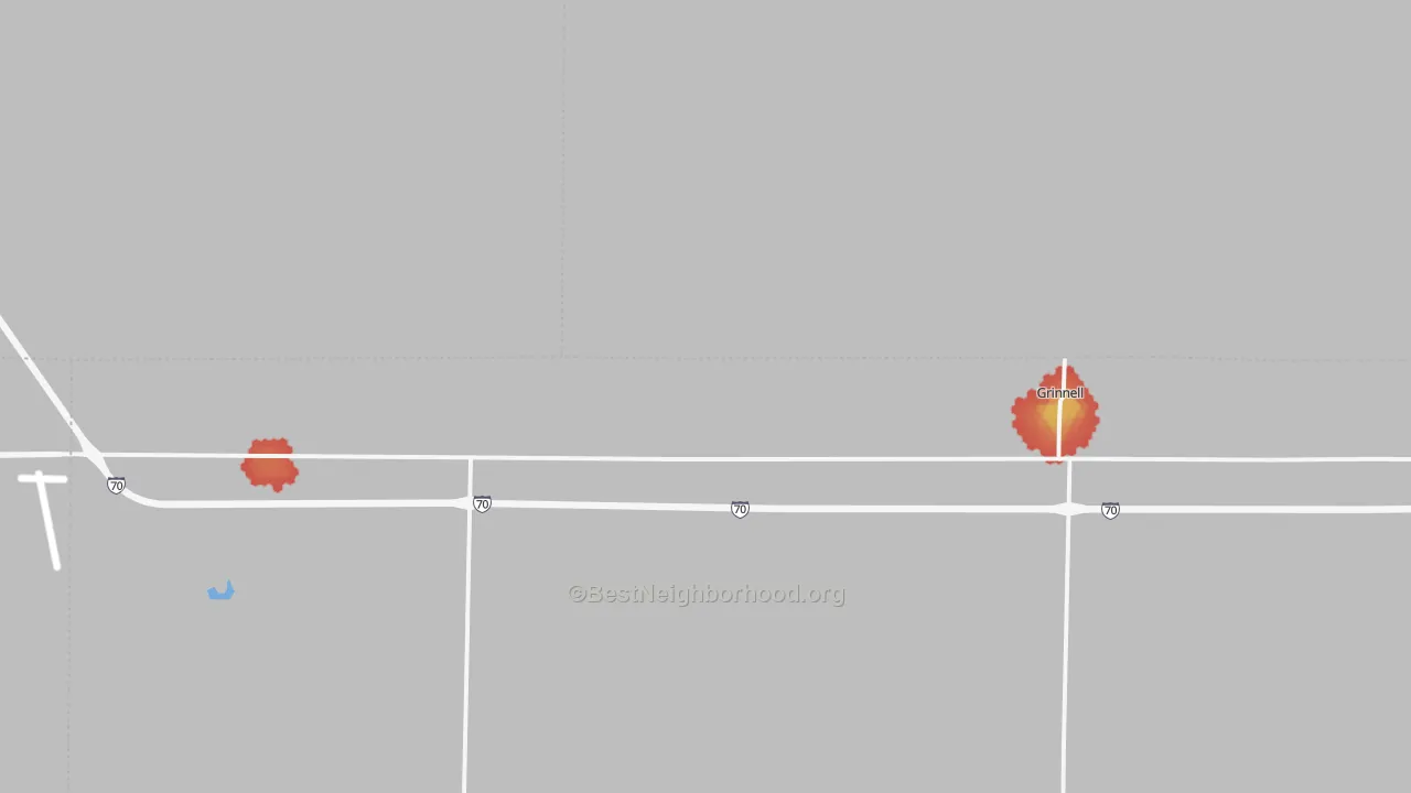 Walk Grade map of Grinnell, KS, walkable areas in green and car-dependent areas in red