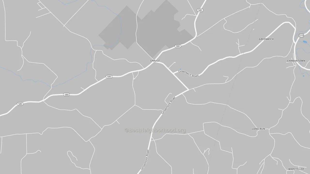 Walk Grade map of Grisemore, PA, walkable areas in green and car-dependent areas in red