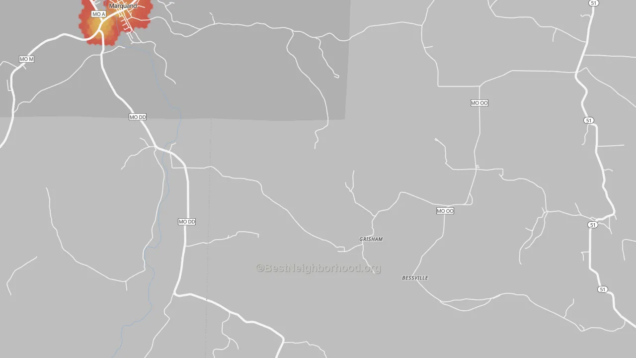 Walk Grade map of Grisham, MO, walkable areas in green and car-dependent areas in red