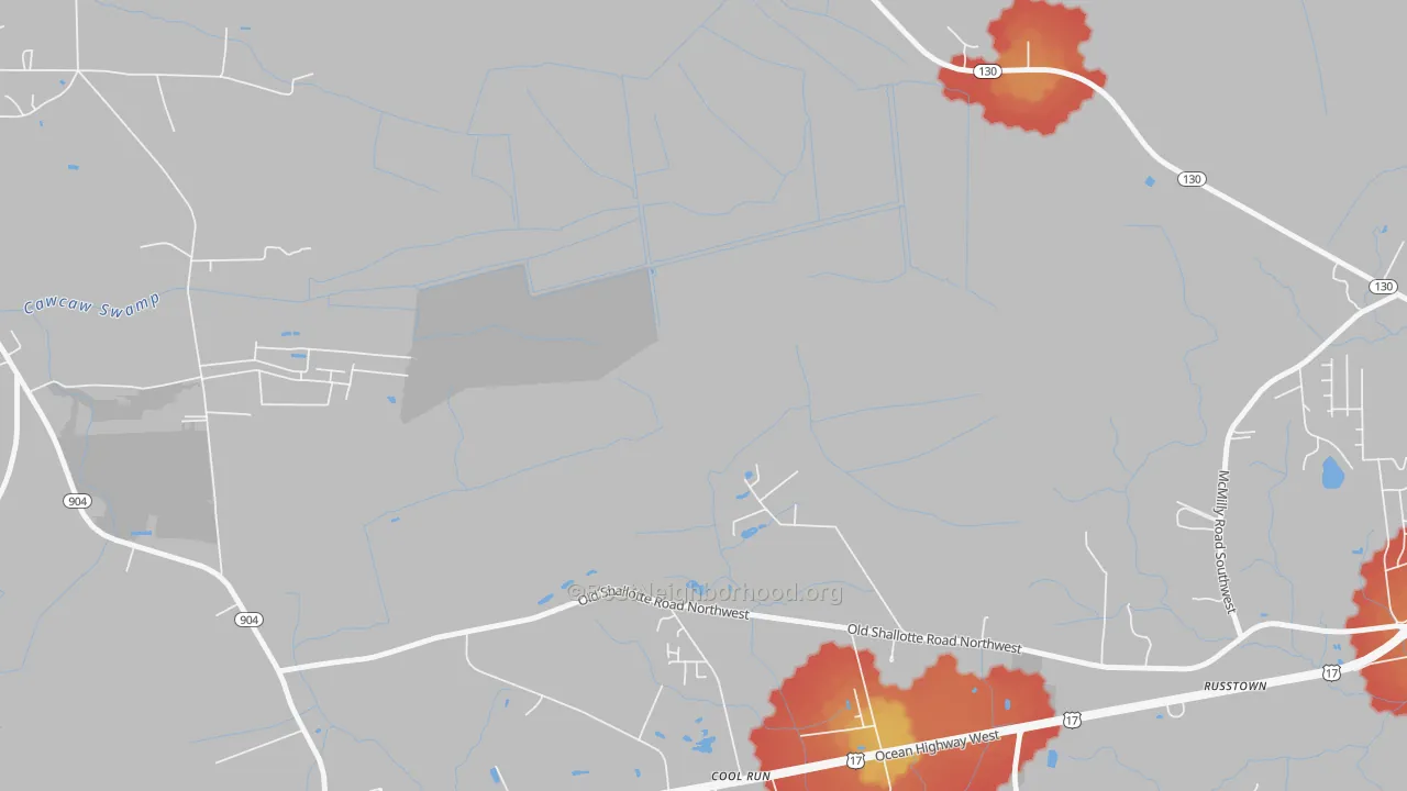 Walk Grade map of Grissettown, NC, walkable areas in green and car-dependent areas in red