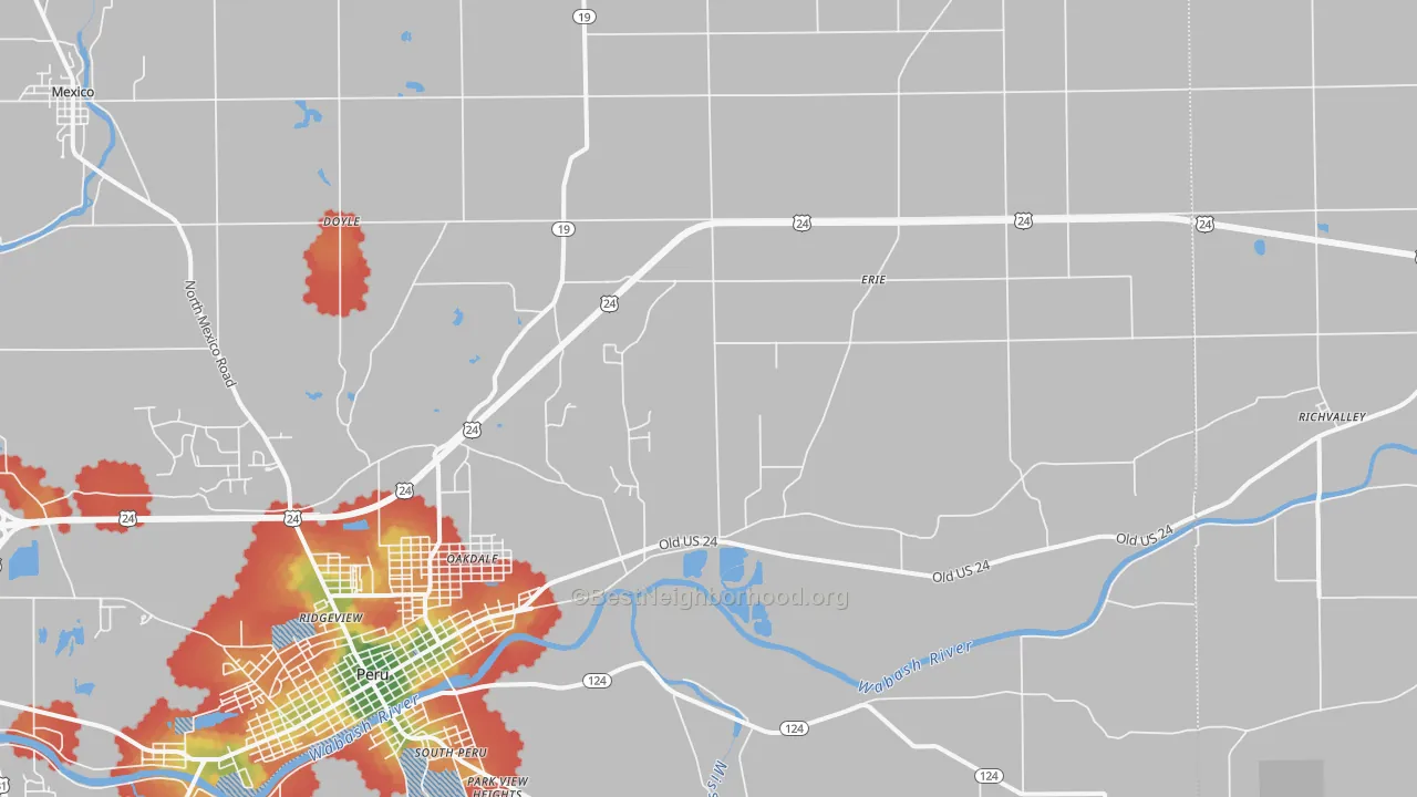 Walk Grade map of Grissom Arb, IN, walkable areas in green and car-dependent areas in red