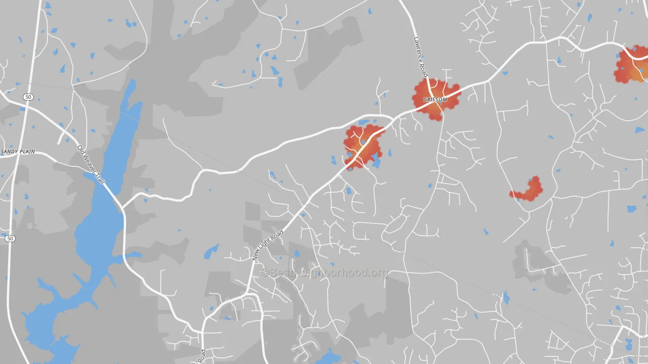 Walk Grade map of Grissom, NC, walkable areas in green and car-dependent areas in red