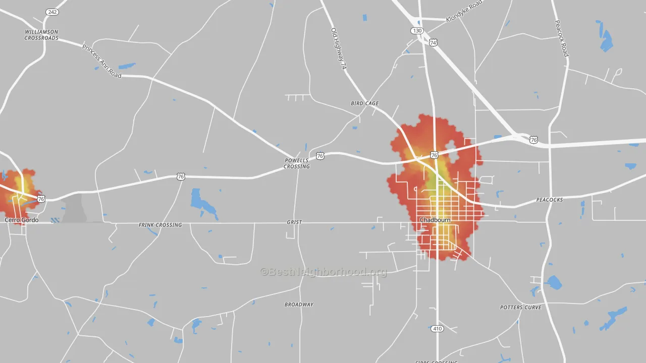 Walk Grade map of Grist, NC, walkable areas in green and car-dependent areas in red