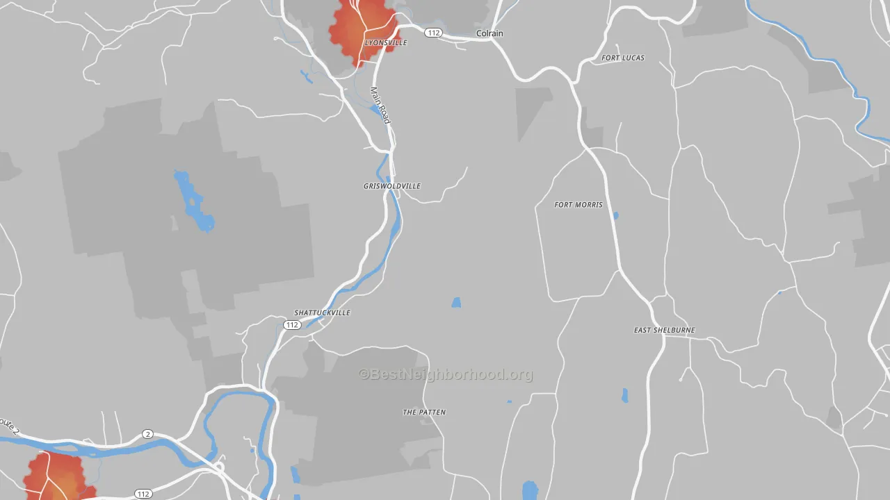 Walk Grade map of Griswoldville, MA, walkable areas in green and car-dependent areas in red
