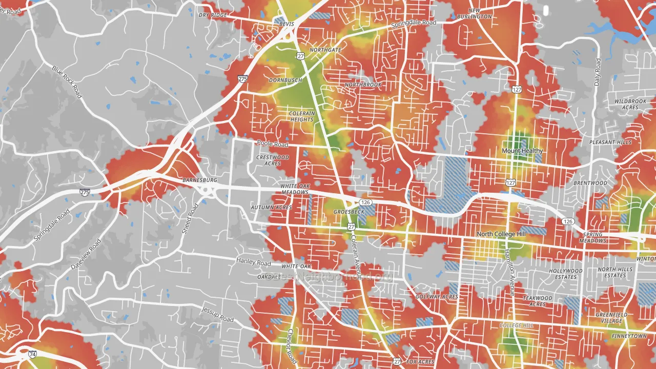 Walk Grade map of Groesbeck, Cincinnati, OH, walkable areas in green and car-dependent areas in red