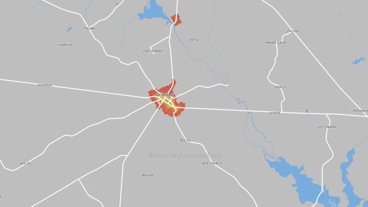 Walk Grade map of Groesbeck, TX, walkable areas in green and car-dependent areas in red