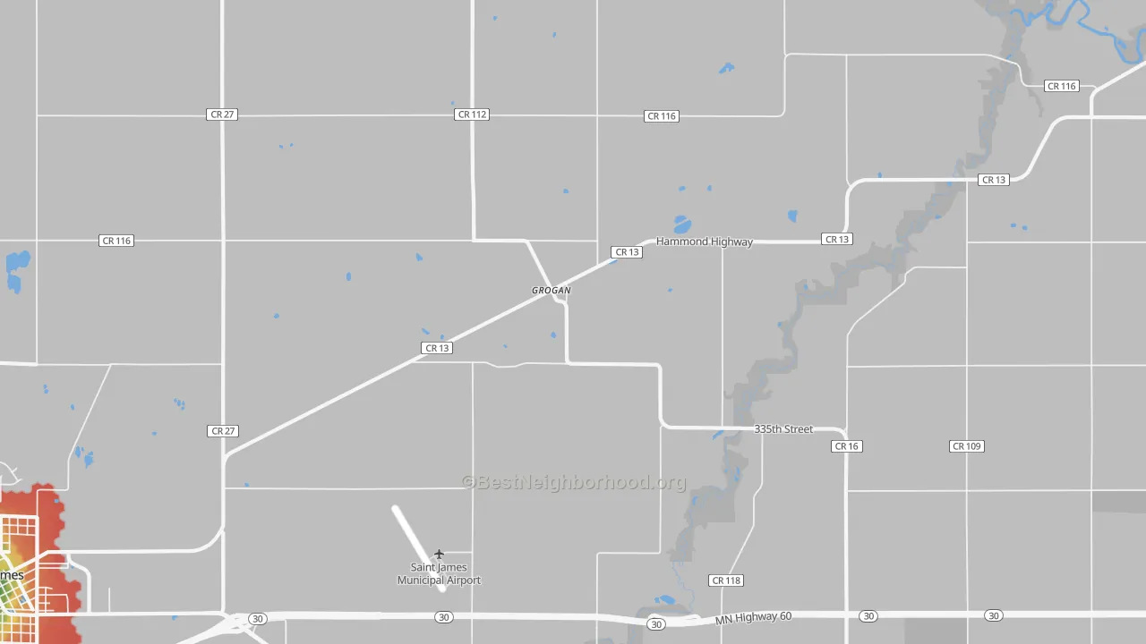 Walk Grade map of Grogan, MN, walkable areas in green and car-dependent areas in red