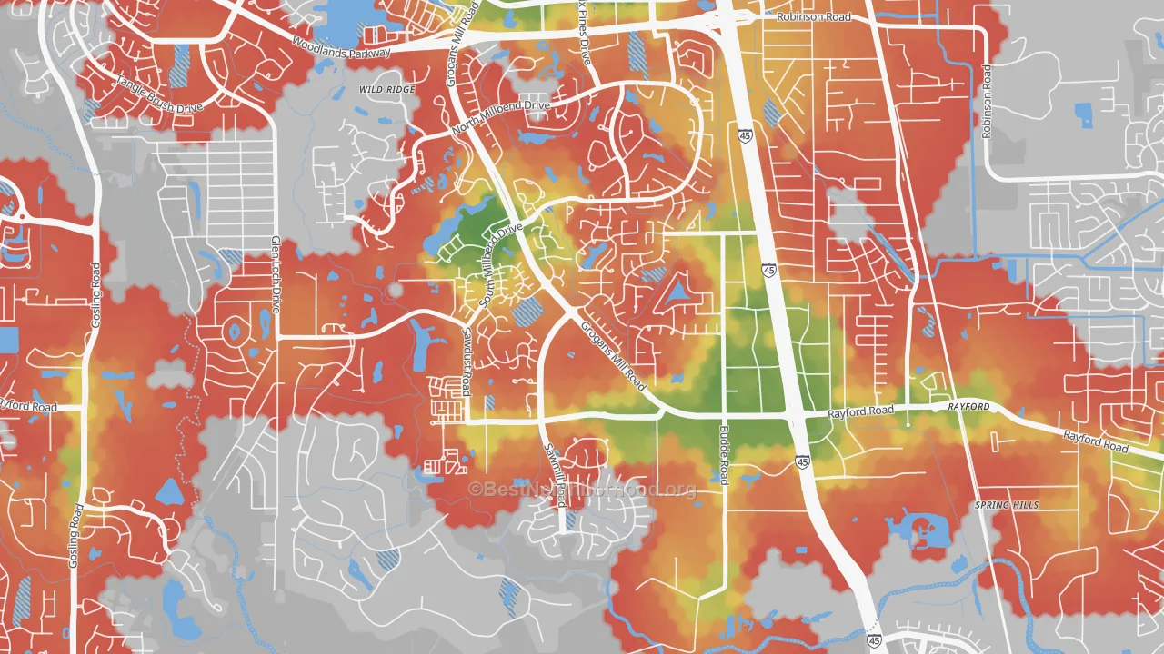 Walk Grade map of Grogan's Mill, The Woodlands, TX, walkable areas in green and car-dependent areas in red