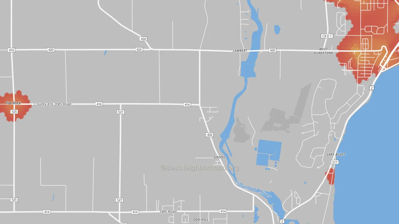 Walk Grade map of Groos, MI, walkable areas in green and car-dependent areas in red