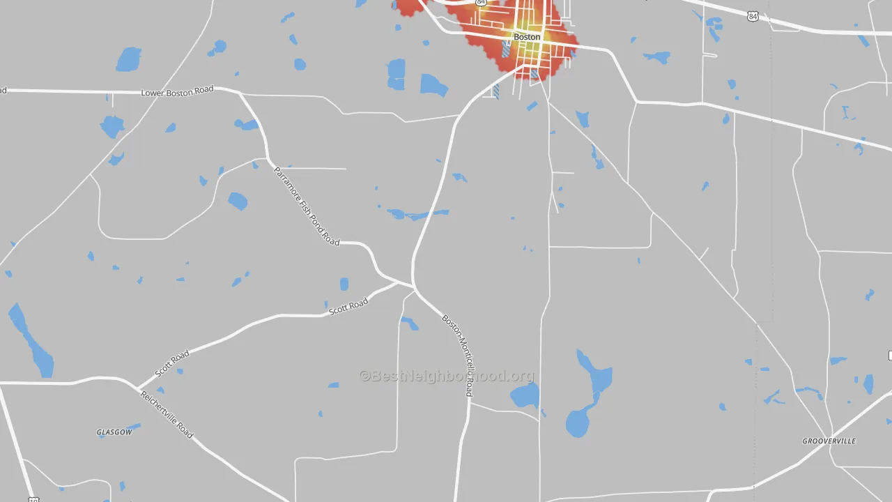Walk Grade map of Grooverville, GA, walkable areas in green and car-dependent areas in red