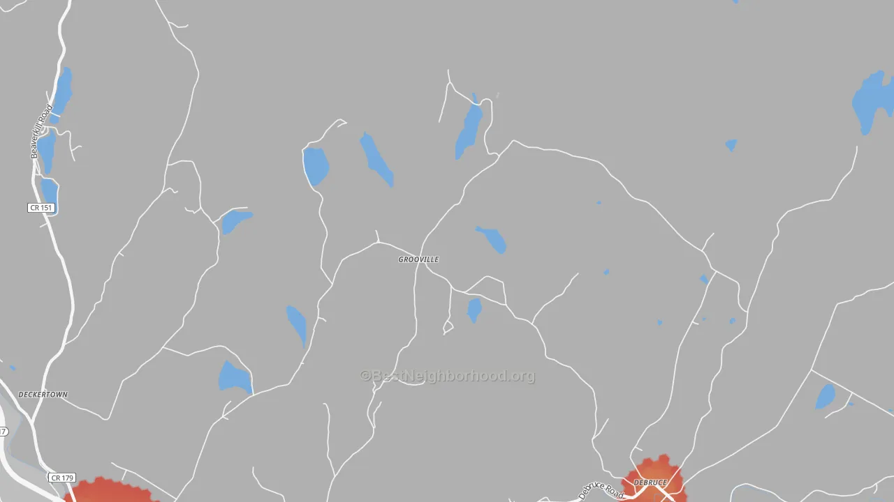 Walk Grade map of Grooville, NY, walkable areas in green and car-dependent areas in red
