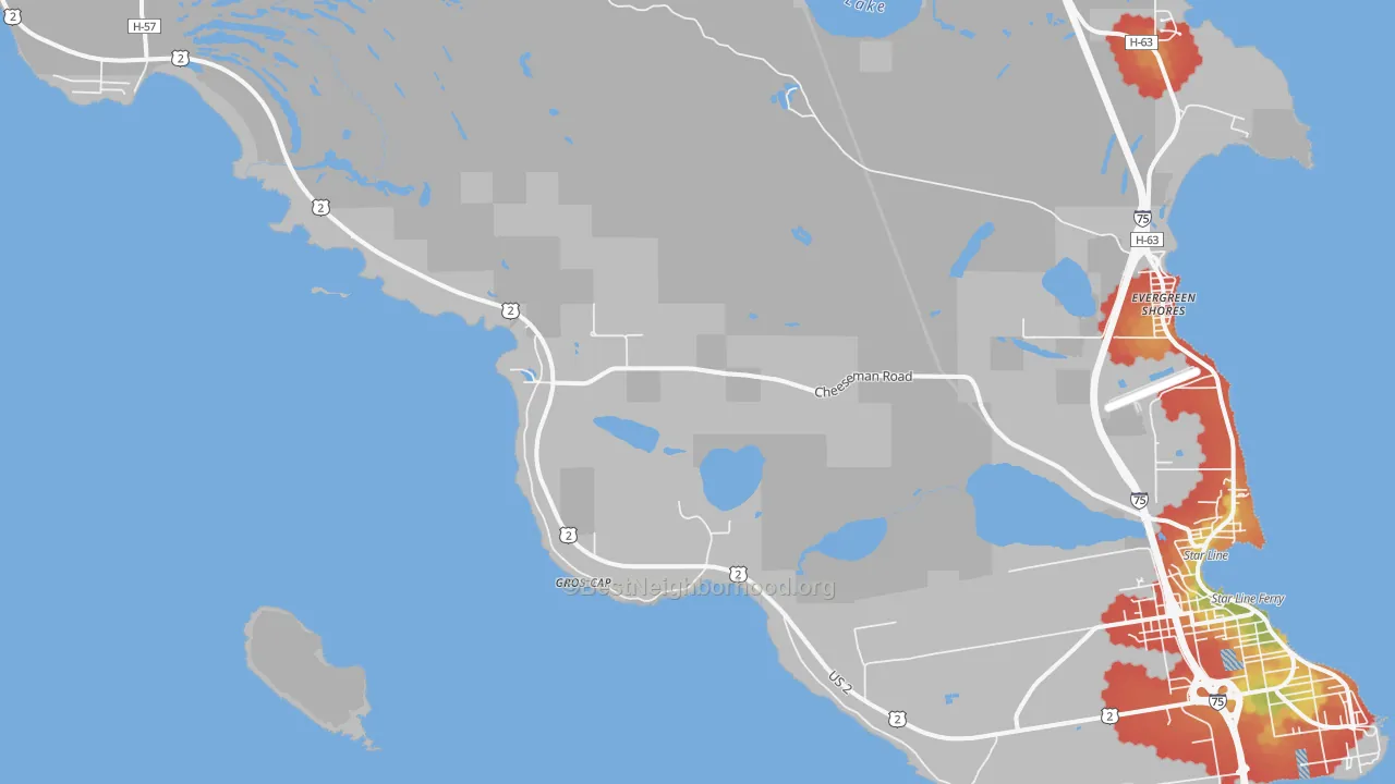 Walk Grade map of Gros Cap, MI, walkable areas in green and car-dependent areas in red