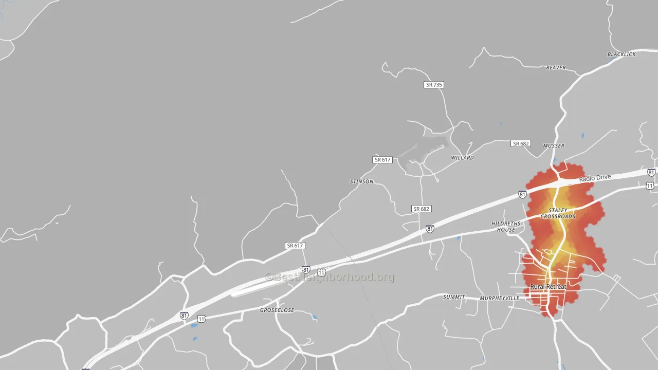 Walk Grade map of Groseclose, VA, walkable areas in green and car-dependent areas in red