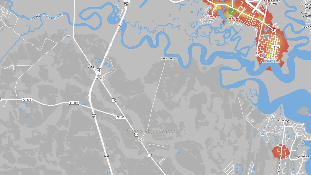 Walk Grade map of Gross, FL, walkable areas in green and car-dependent areas in red