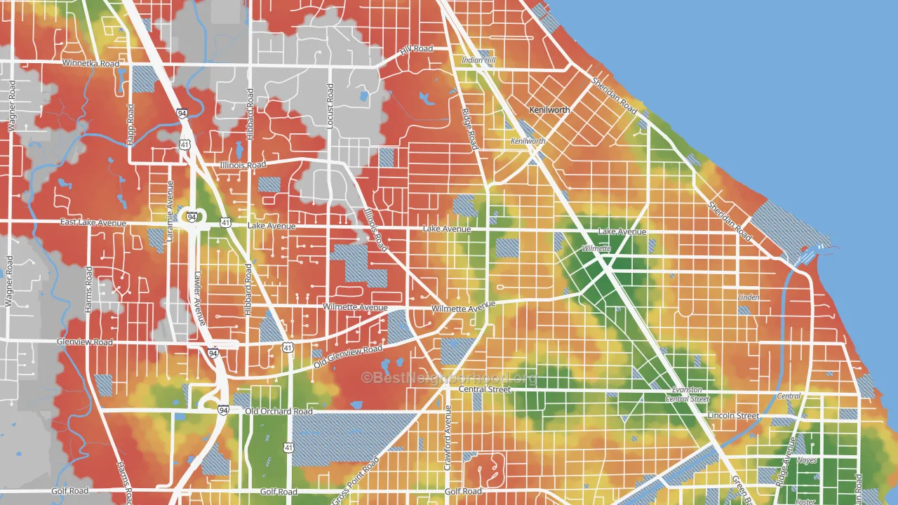 Walk Grade map of Gross Point, Wilmette, IL, walkable areas in green and car-dependent areas in red