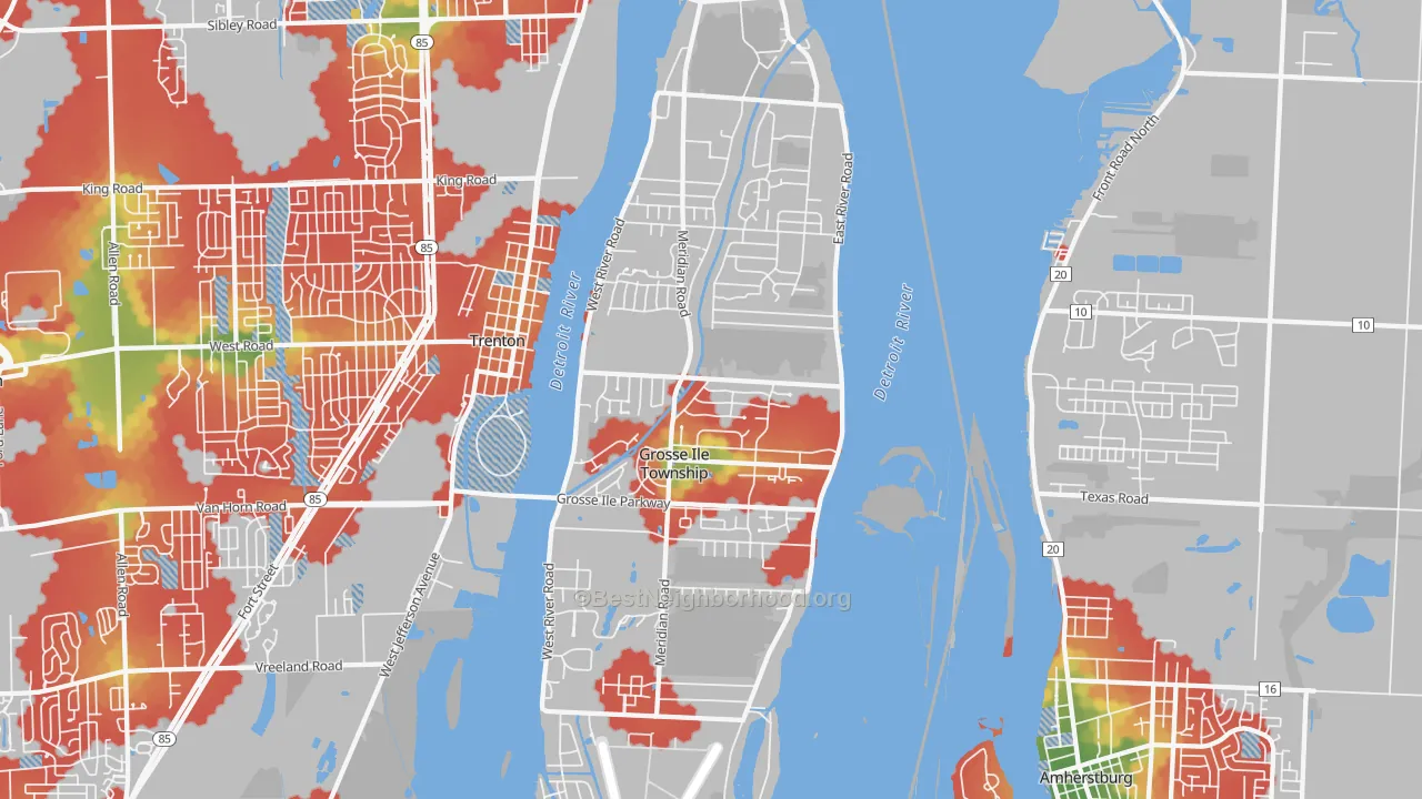 Walk Grade map of Grosse Ile, MI, walkable areas in green and car-dependent areas in red