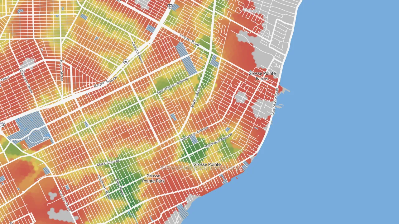 Walk Grade map of Grosse Pointe, MI, walkable areas in green and car-dependent areas in red