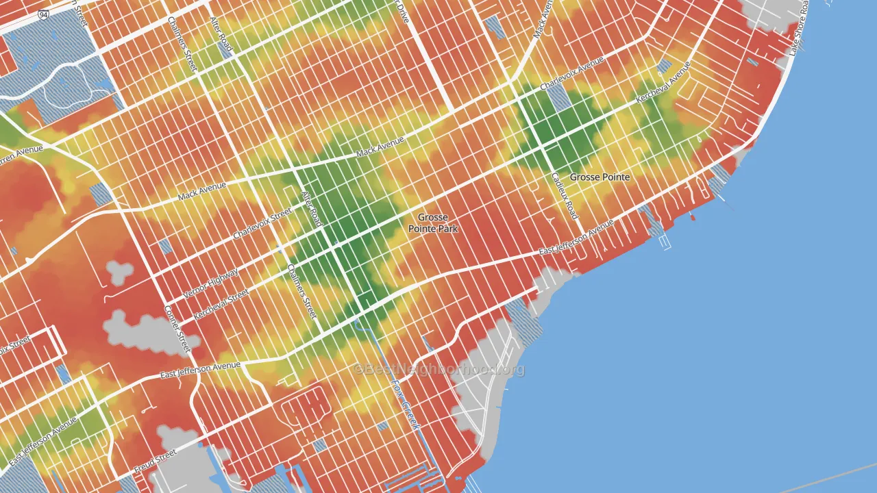 Walk Grade map of Grosse Pointe Park, MI, walkable areas in green and car-dependent areas in red