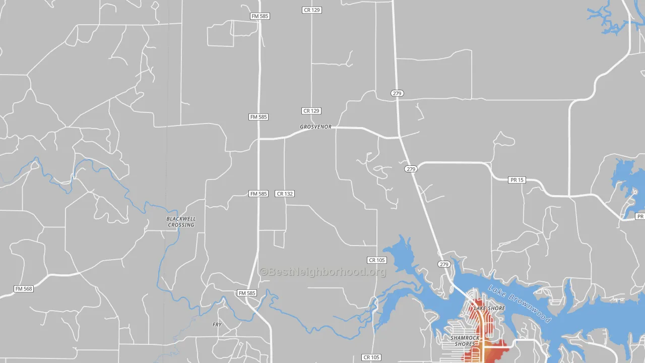 Walk Grade map of Grosvenor, TX, walkable areas in green and car-dependent areas in red