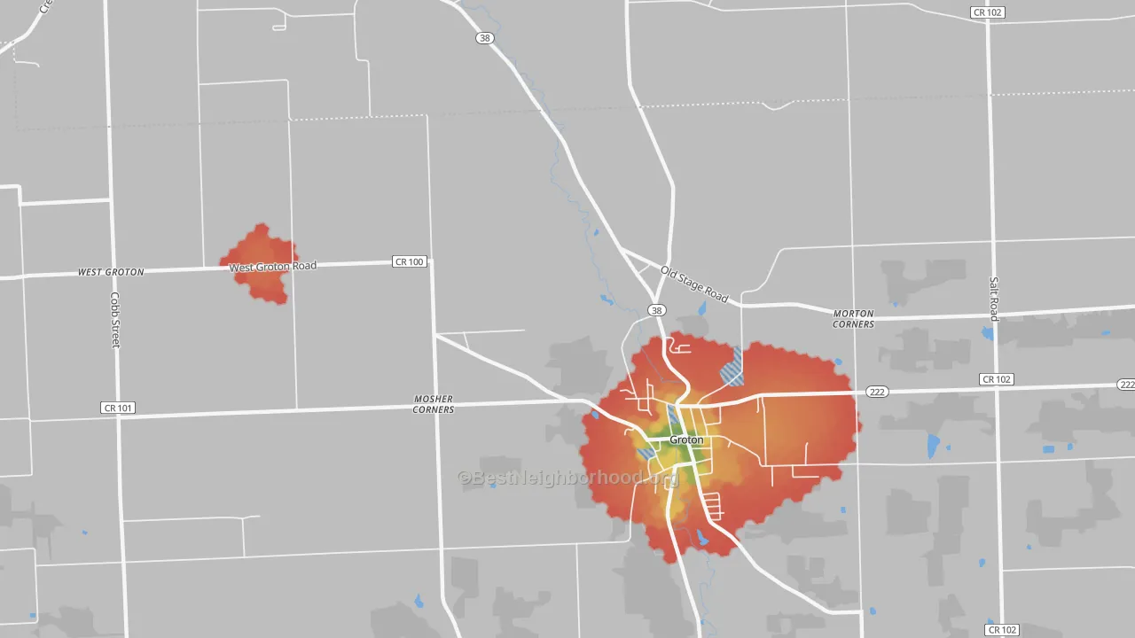 Walk Grade map of Groton City, NY, walkable areas in green and car-dependent areas in red