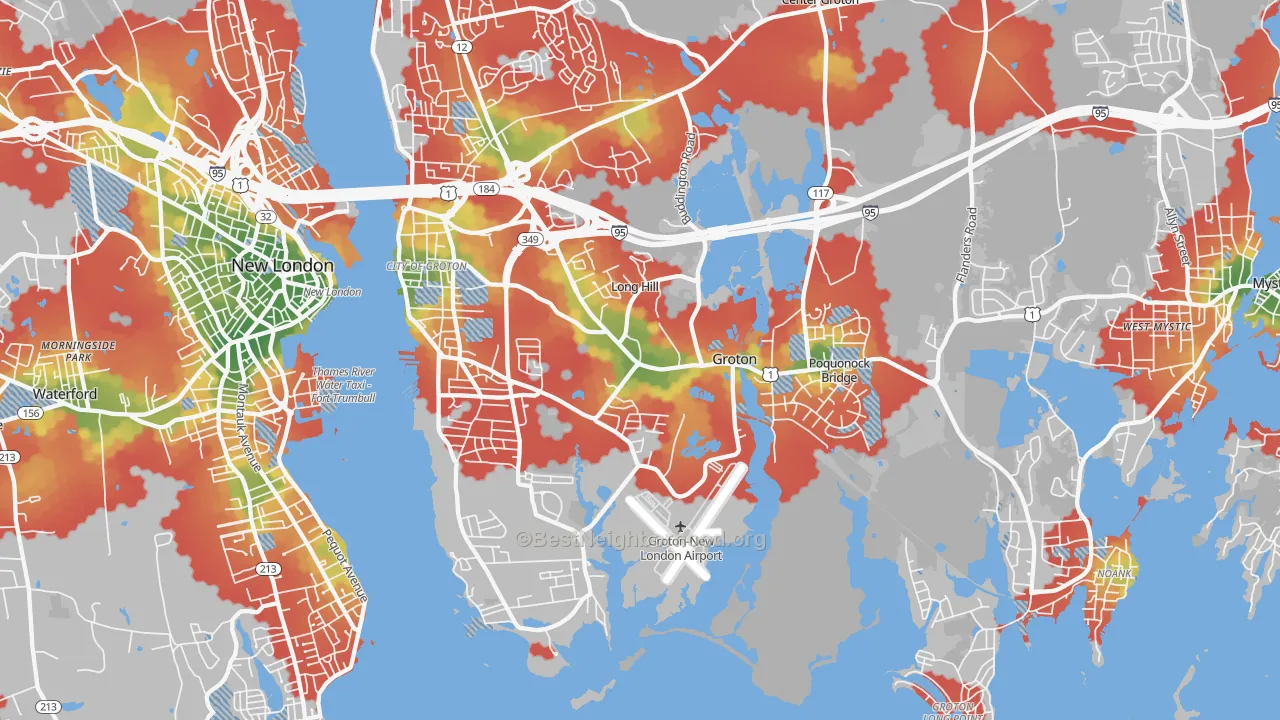Walk Grade map of Groton, CT, walkable areas in green and car-dependent areas in red