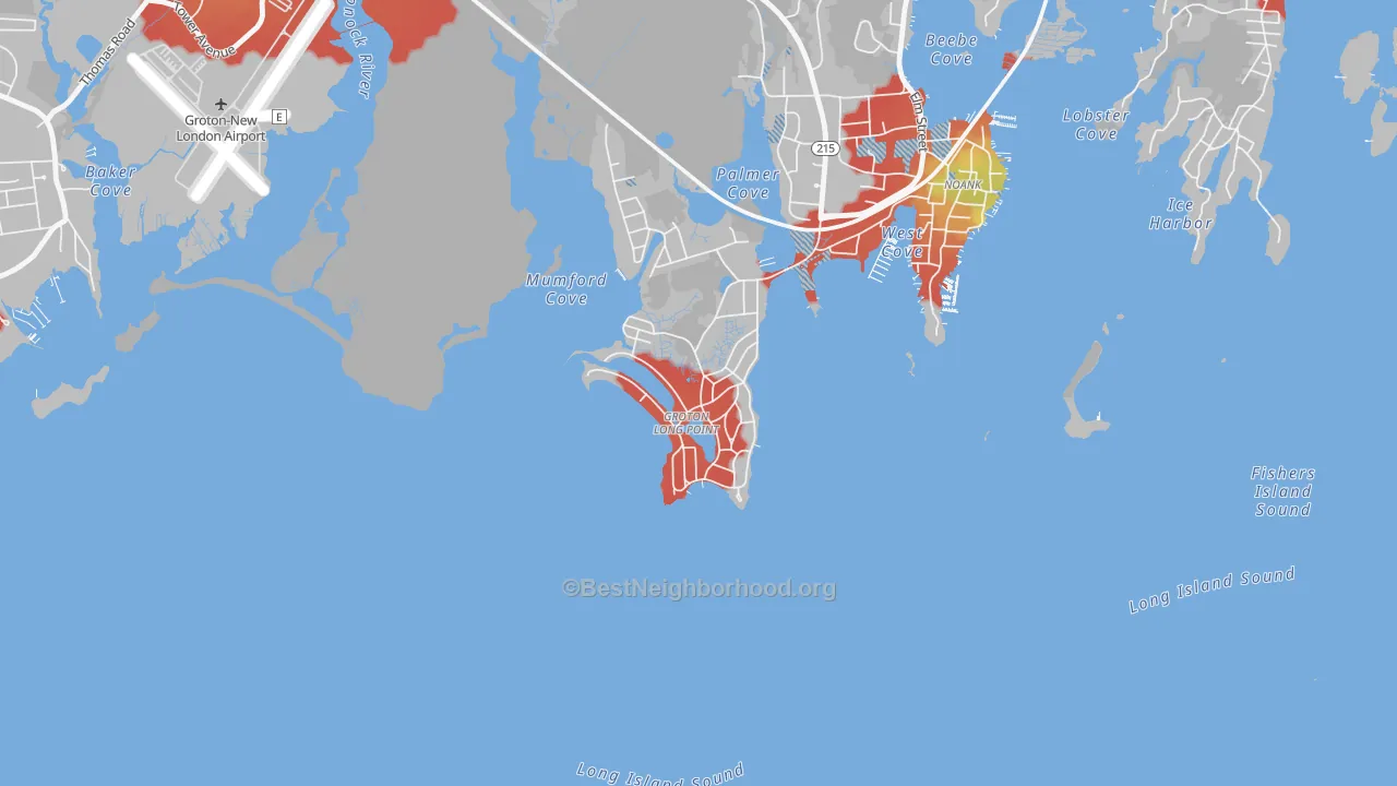 Walk Grade map of Groton Long Point, CT, walkable areas in green and car-dependent areas in red
