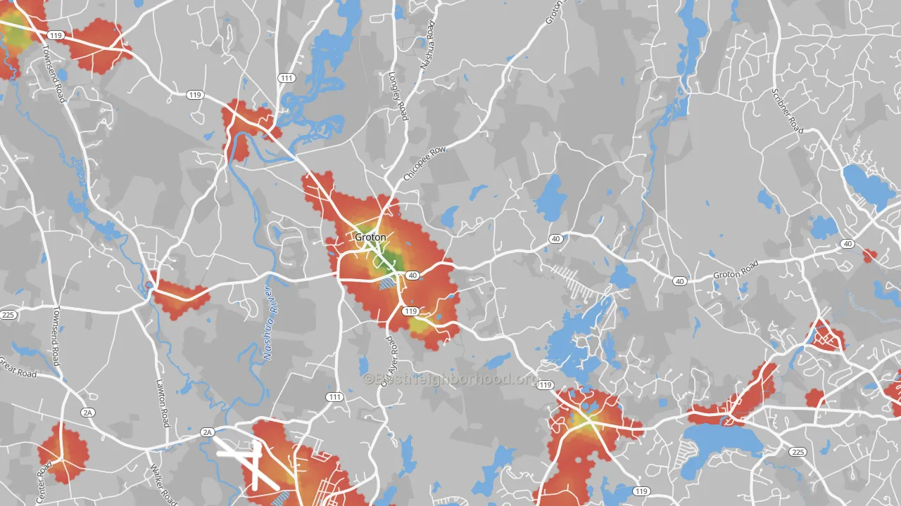 Walk Grade map of Groton, MA, walkable areas in green and car-dependent areas in red