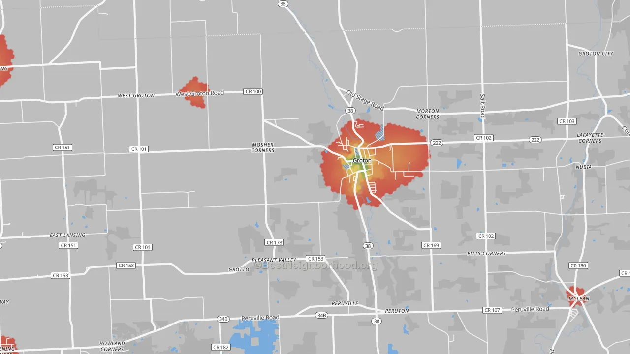 Walk Grade map of Groton, NY, walkable areas in green and car-dependent areas in red