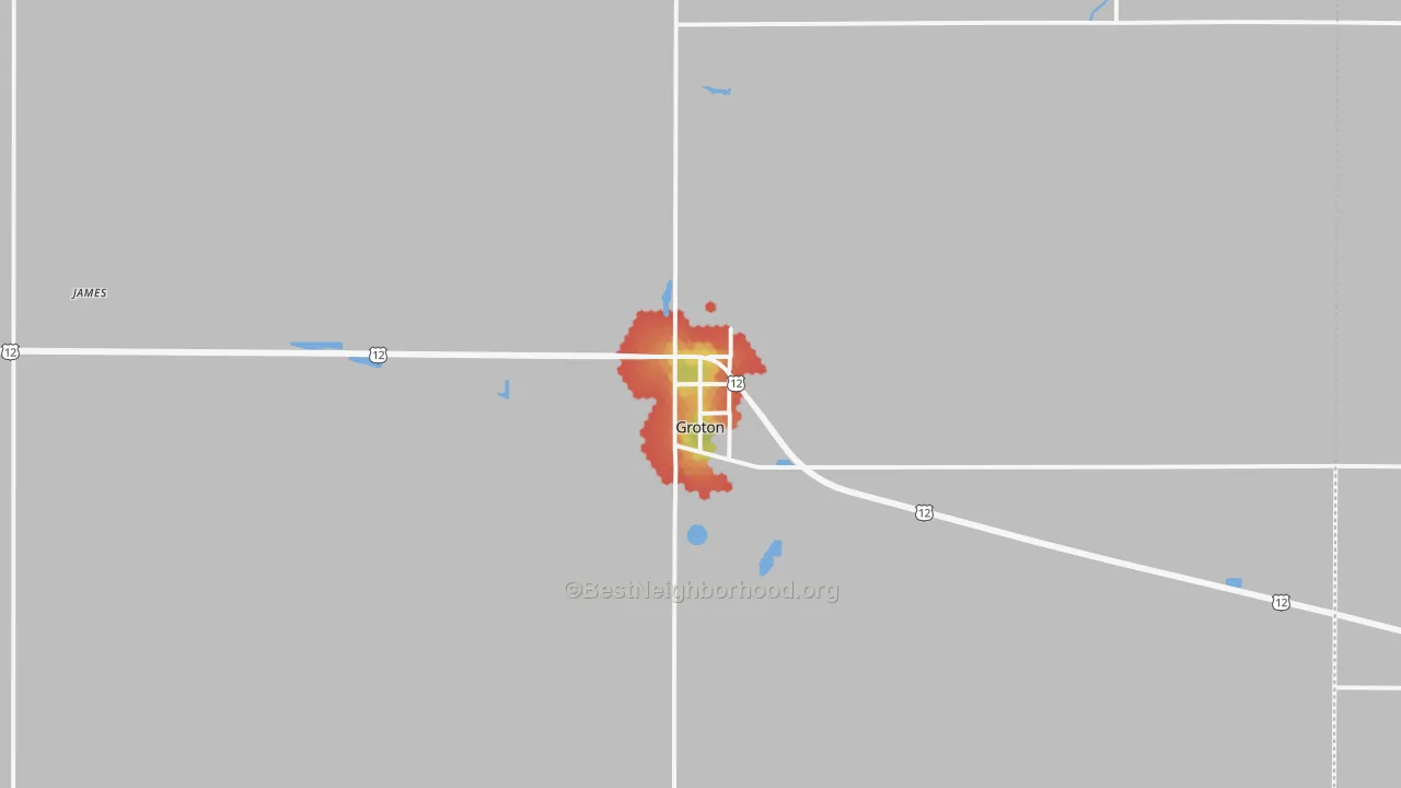 Walk Grade map of Groton, SD, walkable areas in green and car-dependent areas in red