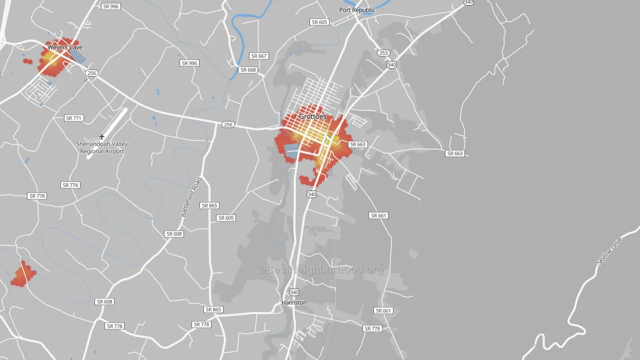 Walk Grade map of Grottoes, VA, walkable areas in green and car-dependent areas in red