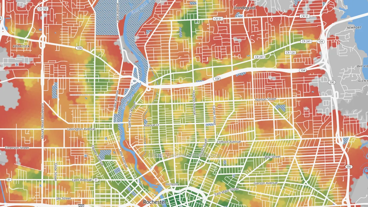 Walk Grade map of Group 14621, Rochester, NY, walkable areas in green and car-dependent areas in red