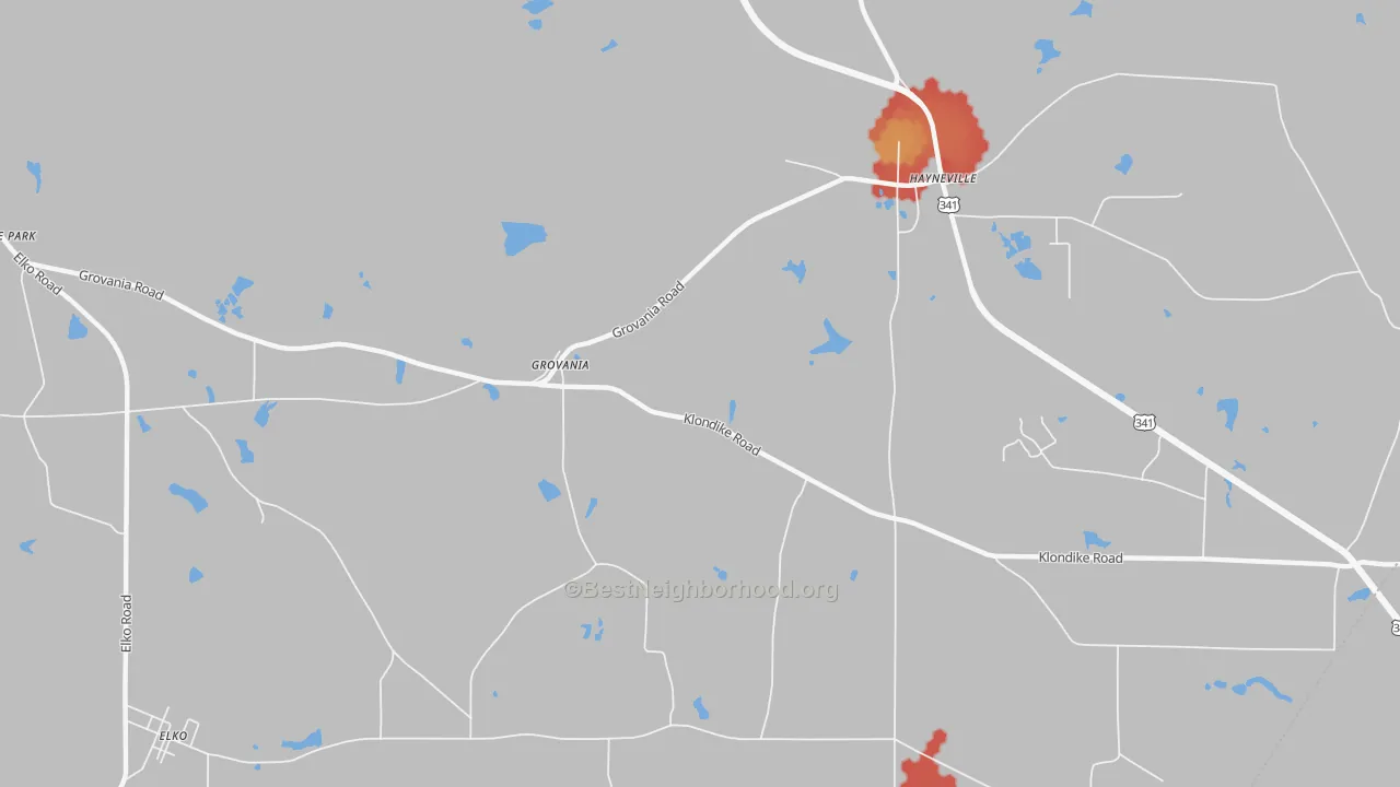 Walk Grade map of Grovania, GA, walkable areas in green and car-dependent areas in red