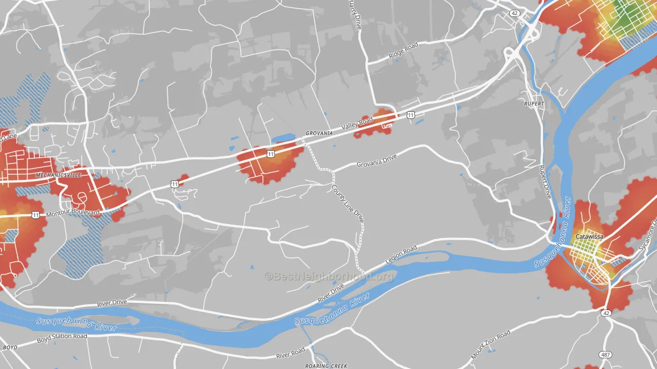 Walk Grade map of Grovania, PA, walkable areas in green and car-dependent areas in red