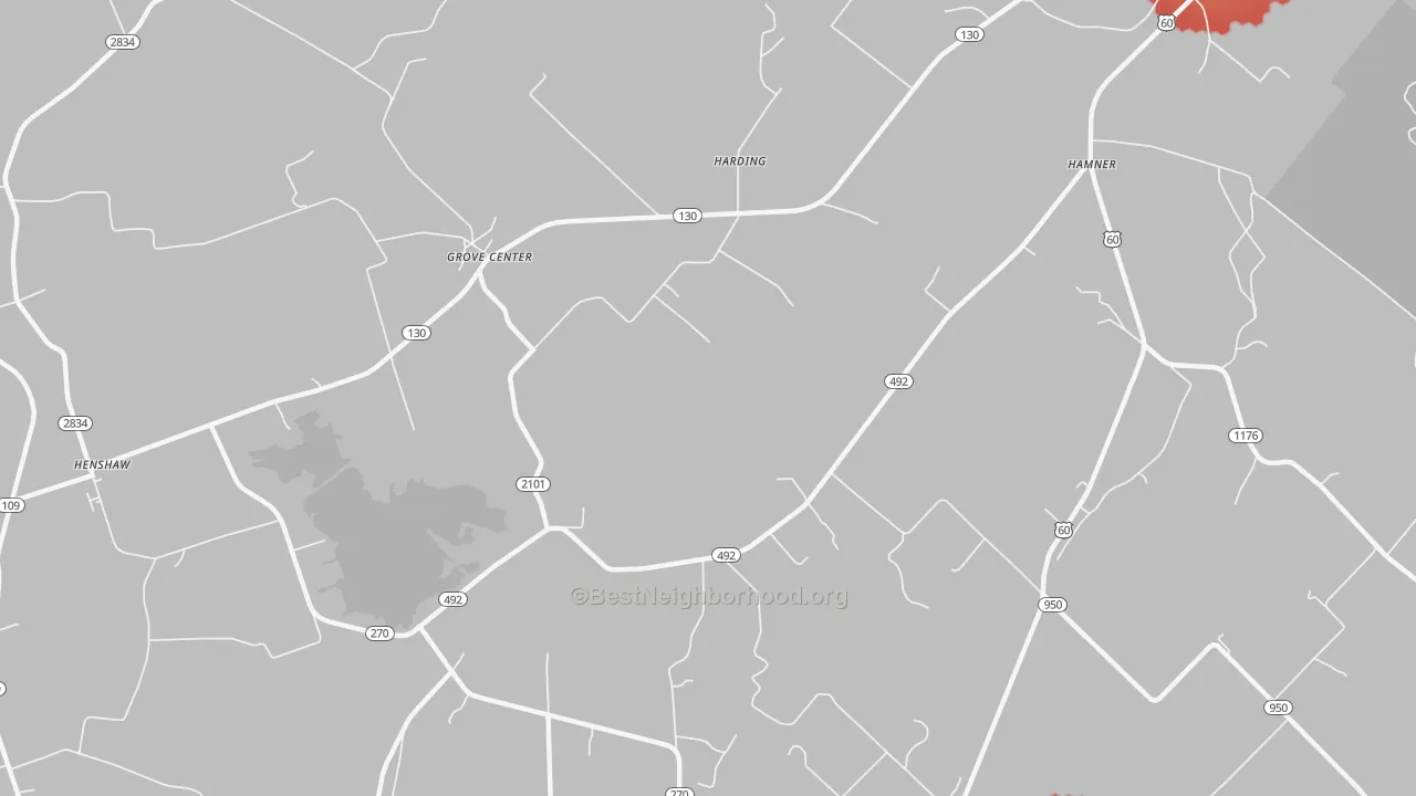 Walk Grade map of Grove Center, KY, walkable areas in green and car-dependent areas in red
