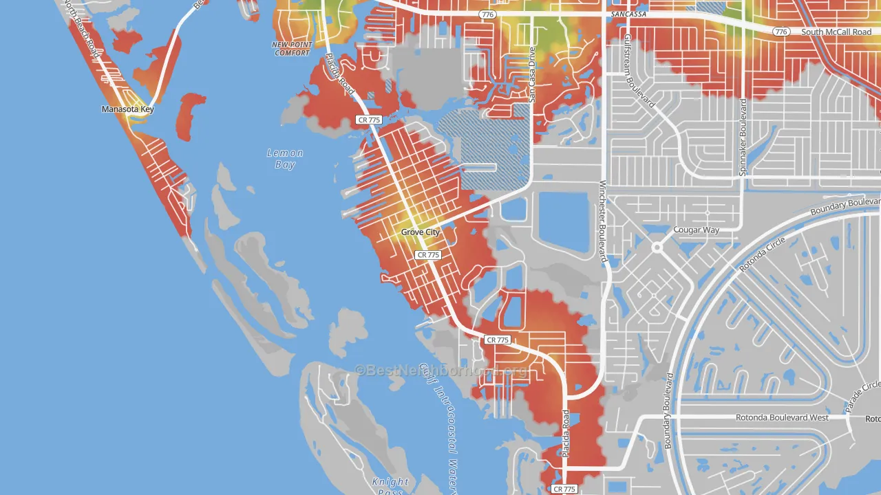 Walk Grade map of Grove City, FL, walkable areas in green and car-dependent areas in red