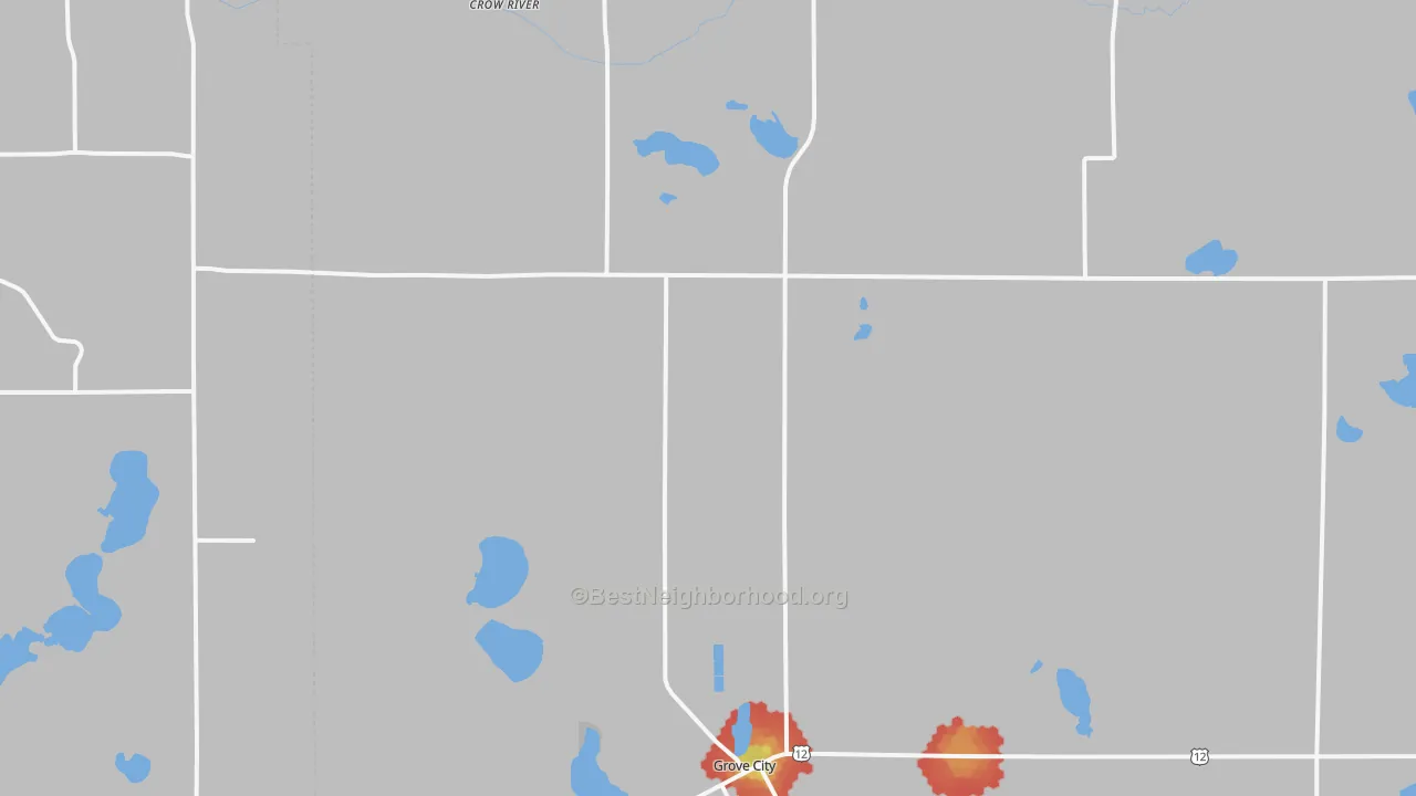 Walk Grade map of Grove City, MN, walkable areas in green and car-dependent areas in red