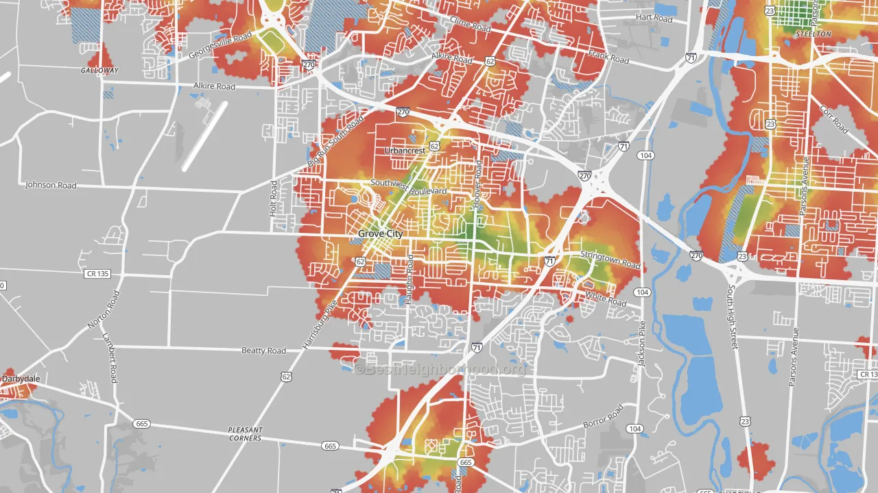 Walk Grade map of Grove City, OH, walkable areas in green and car-dependent areas in red