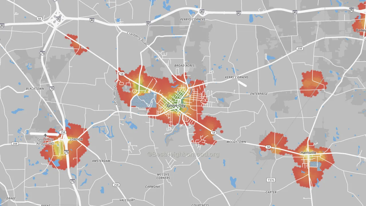 Walk Grade map of Grove City, PA, walkable areas in green and car-dependent areas in red