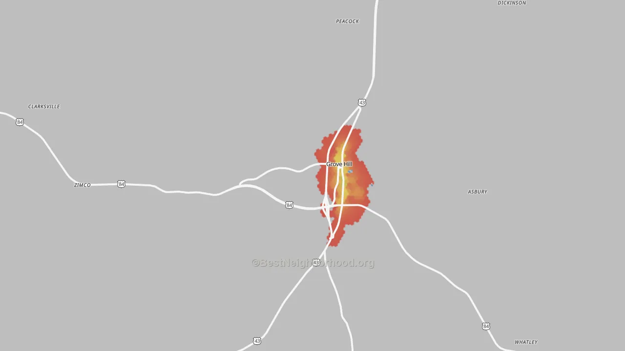 Walk Grade map of Grove Hill, AL, walkable areas in green and car-dependent areas in red