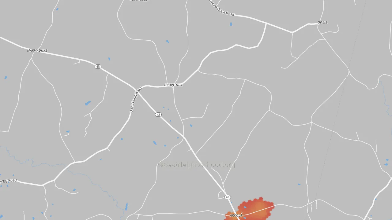 Walk Grade map of Grove Hill, NC, walkable areas in green and car-dependent areas in red